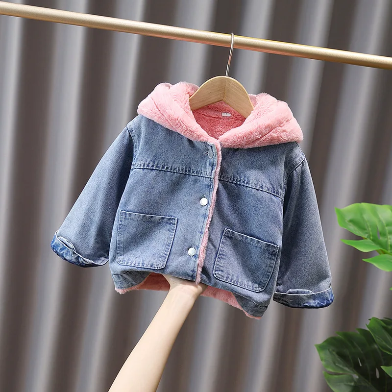 Baby Mädchen Jeans-Fleece-Kapuzenjacke 2026 Herbst Winter Kinder Niedliche Hasen-Applikation Dicker Warmer Mantel Kinderbekleidung Oberbekleidung – Detail 10