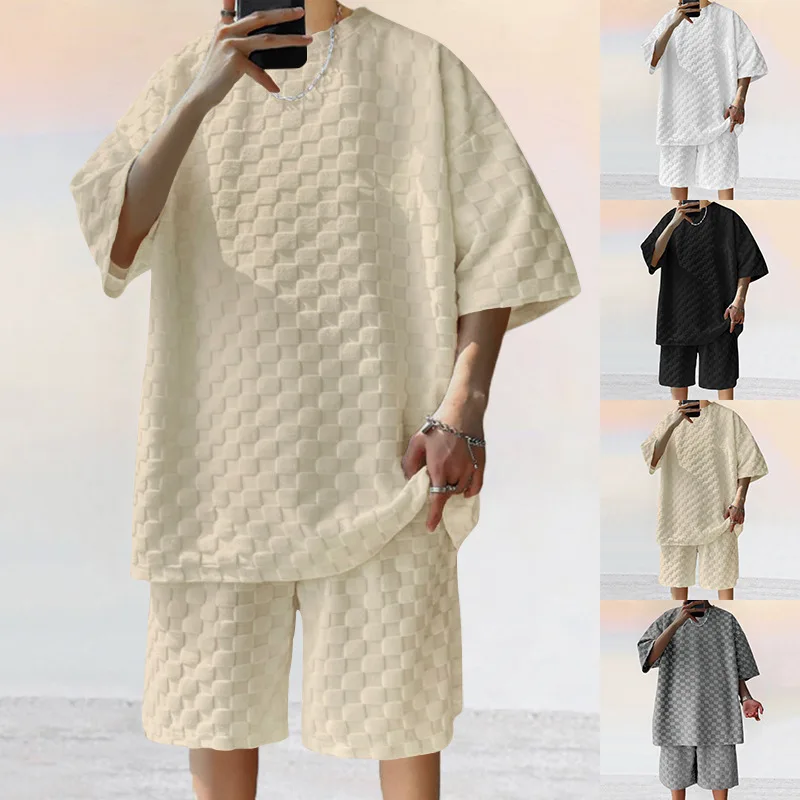 

‌Men's Jacquard Print T-Shirt With Relaxed Fit Shorts Set Summer Breathable Casual Outfit Tracksuit Loose Fit Cotton Streetwear