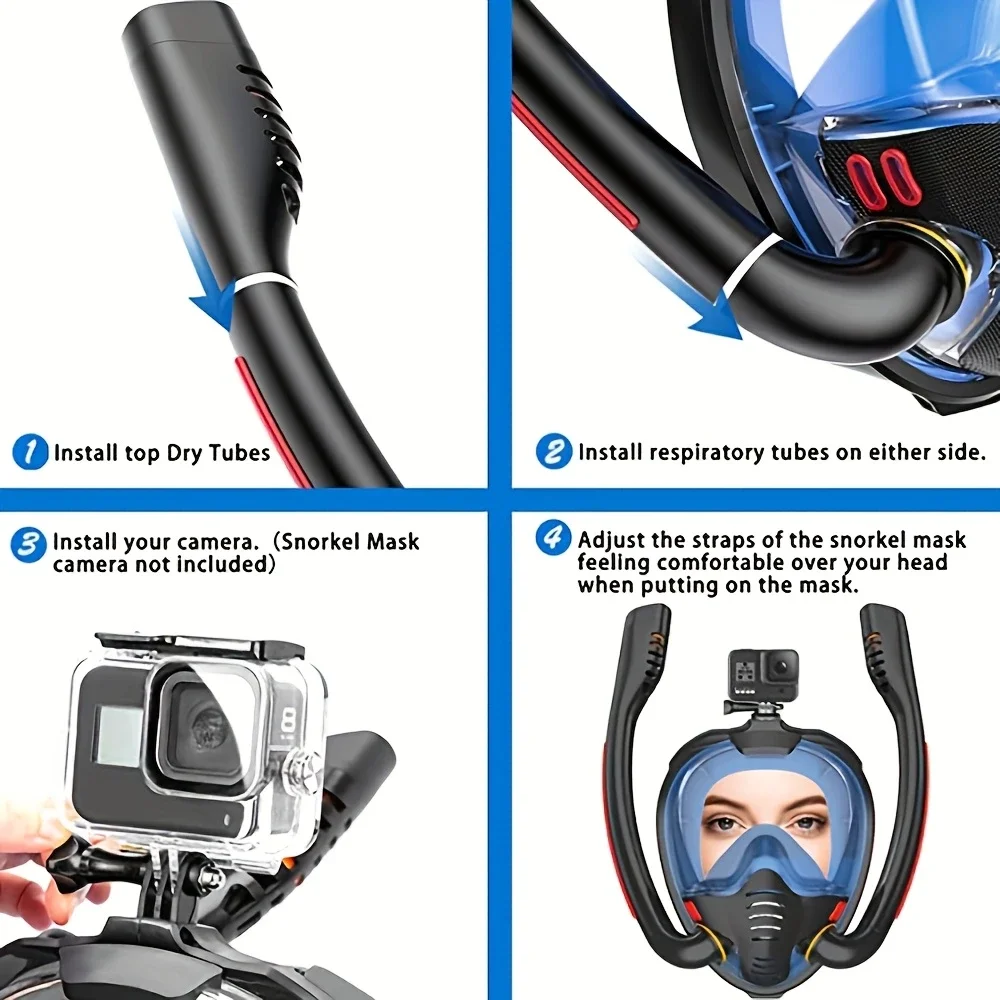Adult Full Face Snorkel Mask Set Double-Tube Silicone Short Fins Set Panoramic View Adjustable Dive Flipper Dry Top Snorkel Gear