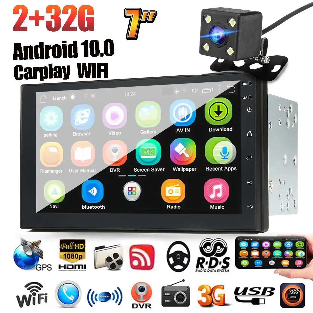 

iMars 7inch 2+32G with Carplay Android 10.0 Car Multimedia Video Player with Carplay bluetooth Built-In Speakers WIFI FM