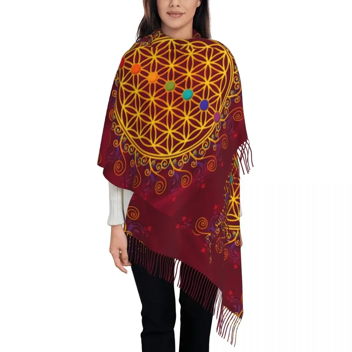 Stylish Flower Of Life Tassel Scarf Women Winter Fall Warm Shawl Wrap Lady Spirituality Yoga Zen Mandala Scarves