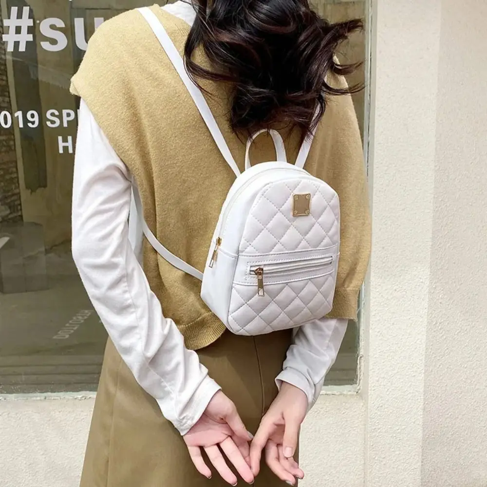 Fashion Lingge Embroidery Mini Small Backpack Solid Color PU Leather Women Shoulder Bag Zipper Large Capacity Travel Rucksack
