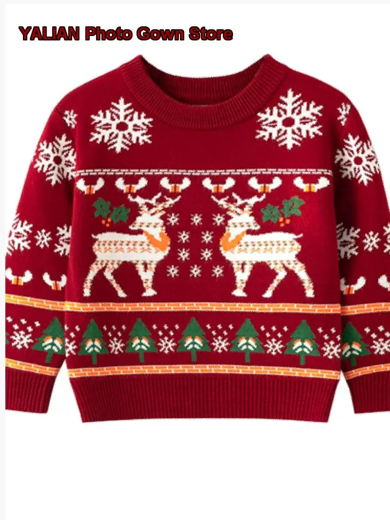 Boys Pullover Sweater Kids Christmas Knit Top Double-Layer Round Neck Deer Print