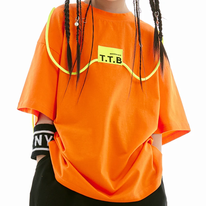Roupas da moda para dança de rua para meninas, roupas infantis para dança de jazz, roupas para performance de jazz, camiseta de algodão solta
