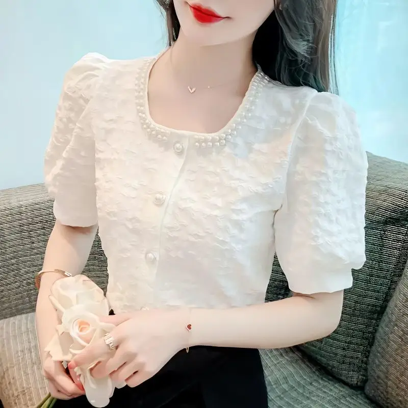 

Beading Short Sleeve T-shirt 2026 New Women Summer Square Collar Blouse Tops Korean Sweet Puff Sleeve T-shirt Short-sleeve Shirt