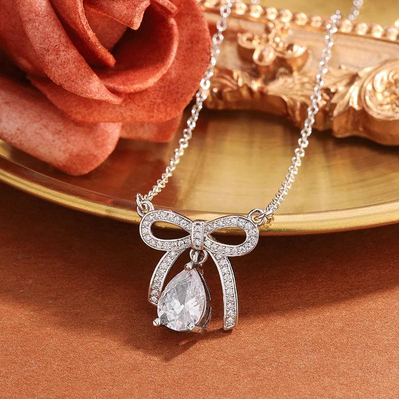 

925 Sterling Silver Plated Elegant Bow Drop Crystal Zircon Pendant Necklace for Women Valentine's Day Birthday Gift Jewelry