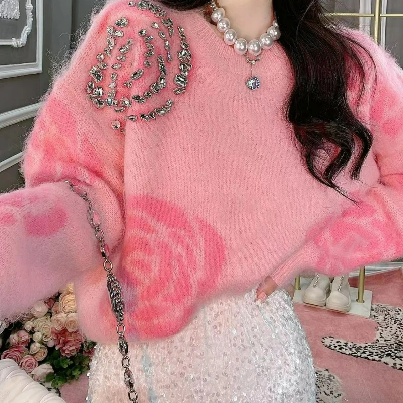 

Нежный стильный свитер, женский свитер 2026, осень-зима, новый свободный пуловер с открытой спиной, утолщенный вязаный свитер с длинными рукавами и бисером