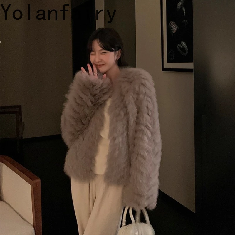 YOLANFAIRY 천연 여우털 코트 여성 겨울 따뜻함 V넥 긴팔 우아한 한국 스타일 천연 여우털 자켓 여성 2025