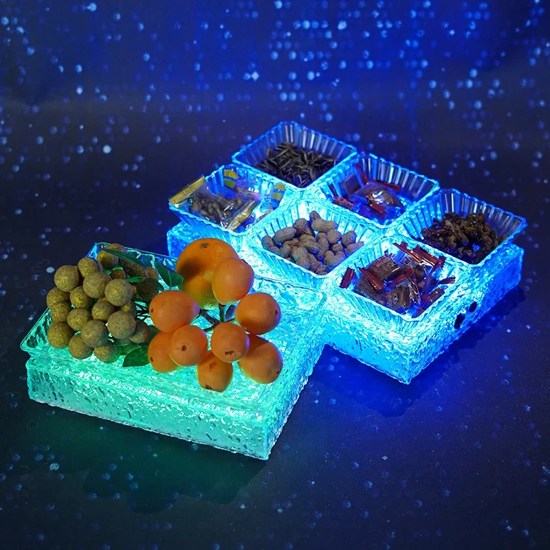 LED Ice Style Snack Tray Stand Rechargeable Glowing Fruit Bowl KTV Bar Divided Nut Plate Sectional Dessert Server