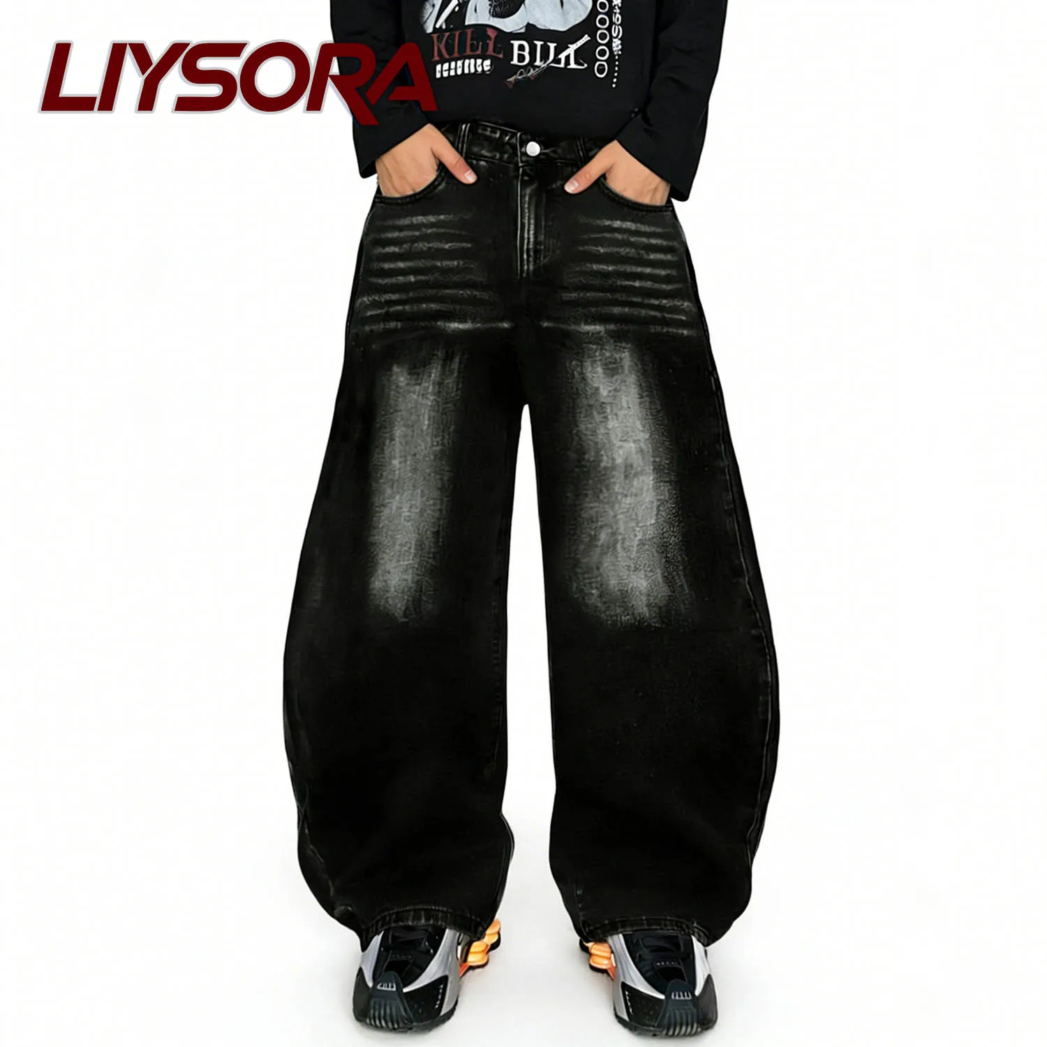 هاي ستريت الرجال ريترو الجينز الأسود جديد الكورية فضفاض واسعة الساق منحني سكين الدنيم السراويل فضفاضة بلون الذكور العصرية الدينيم الجينز