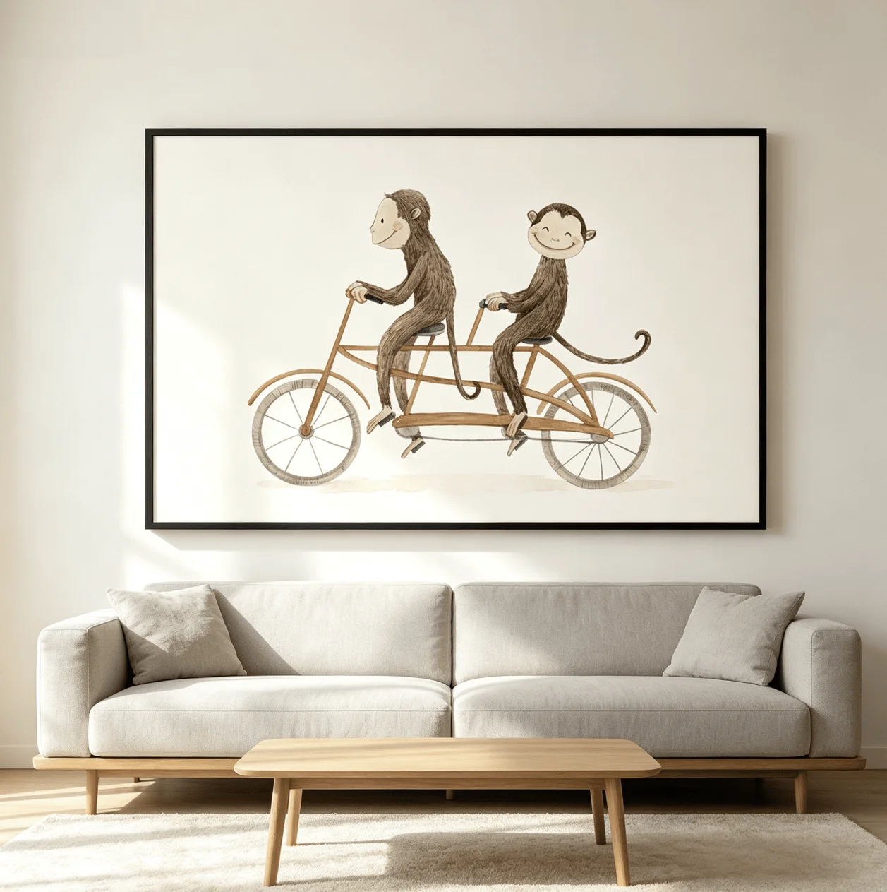 Cute Monkeys Riding Tandem Bike Wall Art Canvas Prints Posters Decor, Nursery, Bedroom, Kids Room Playroom Wall Decor