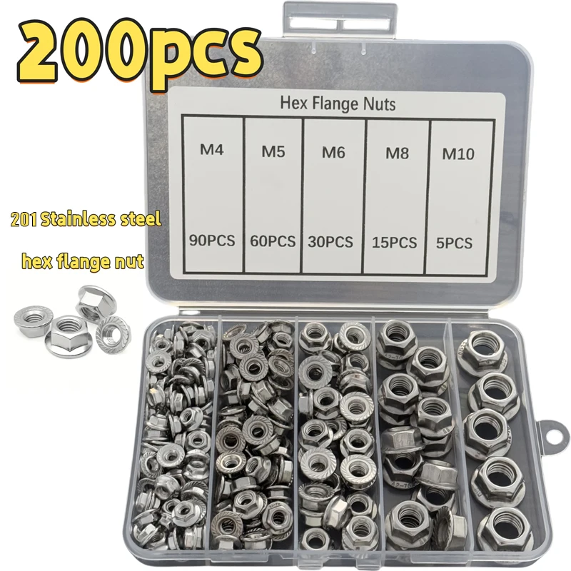 Boxed Kit of 200pcs DIN6923 Stainless Steel Material Tooth Flange Nut M4/M5/M6/M8/M10 Sizes