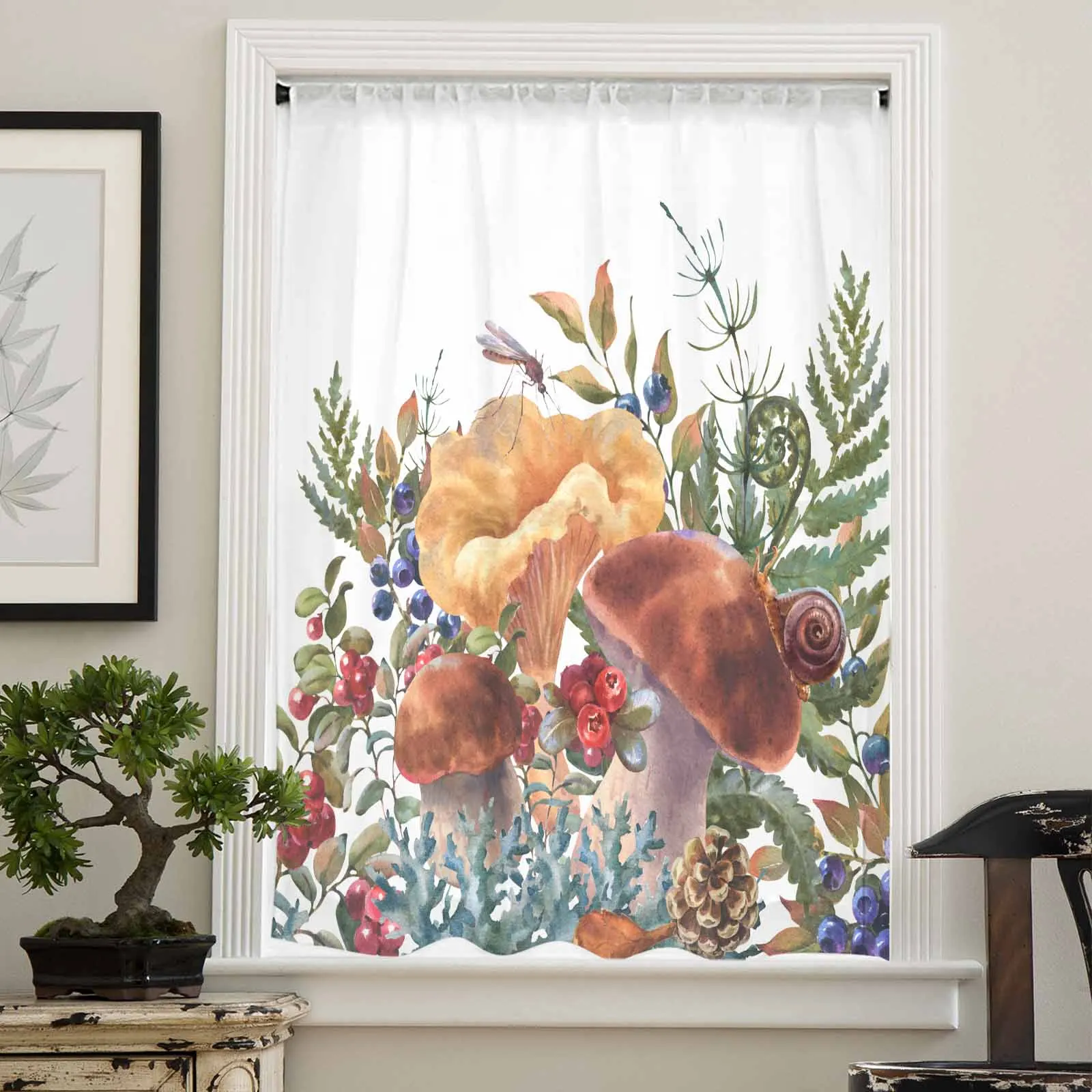 Retro Mushroom Fern Plant Fruit Pine Cone Autumn Sheer Curtains for Living Room Modern Decor Tulle Curtain Bedroom Voile Drapes