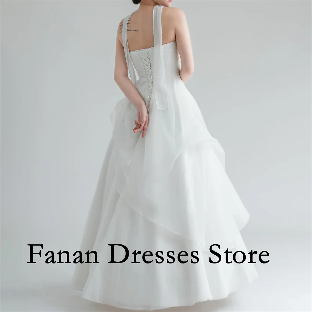 فانانان كوريا على شكل حرف a طول الأرض بدون حمالات أورجانزا متدرج مكشكش بدون أكمام مشد فساتين زفاف سترس عاجي مخصص Pr #2