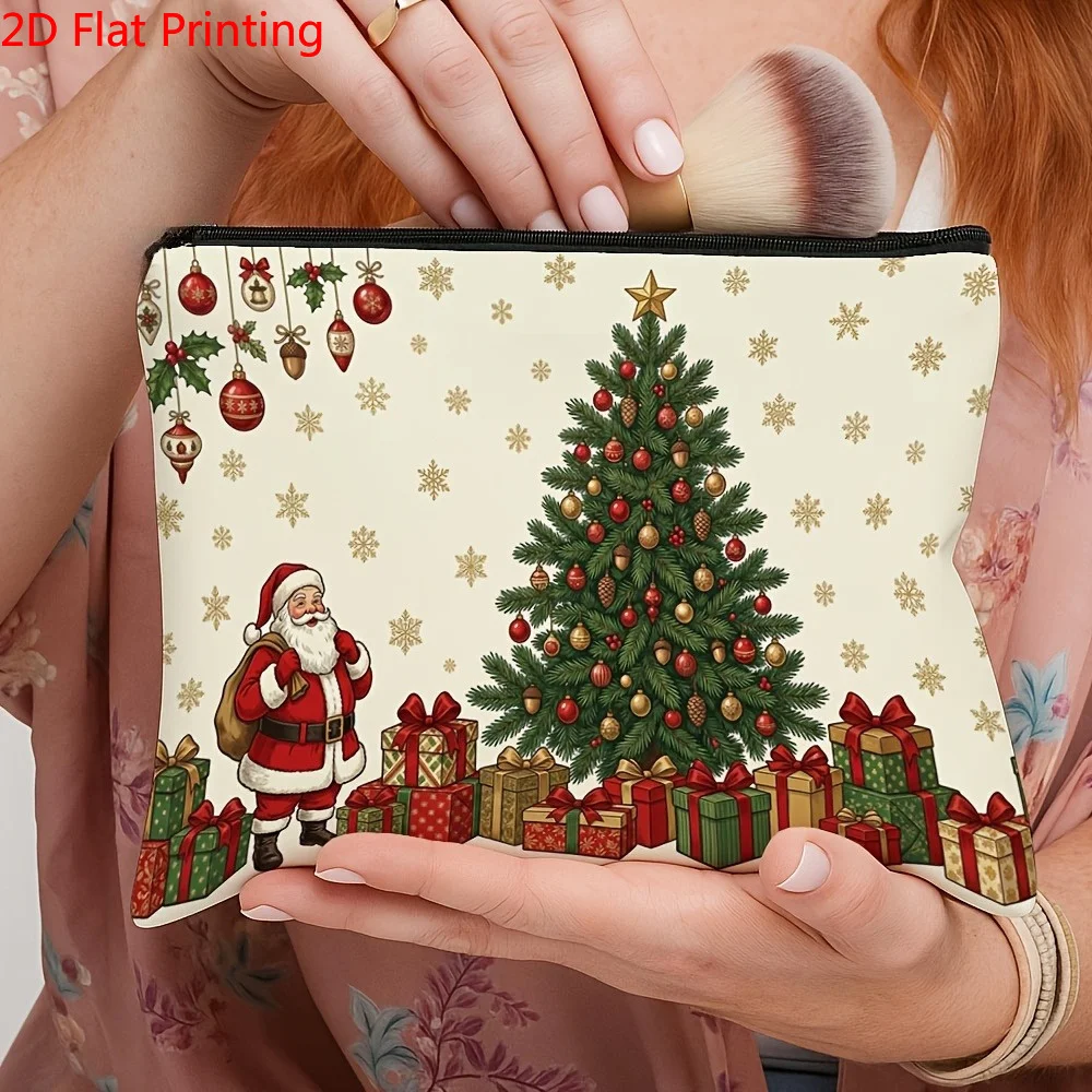 Vintage Santa Christmas Tree Gift Print Canvas Cosmetic Bag Xmas Snowflake Ornament Zipper Pouch Makeup Storage Organizer