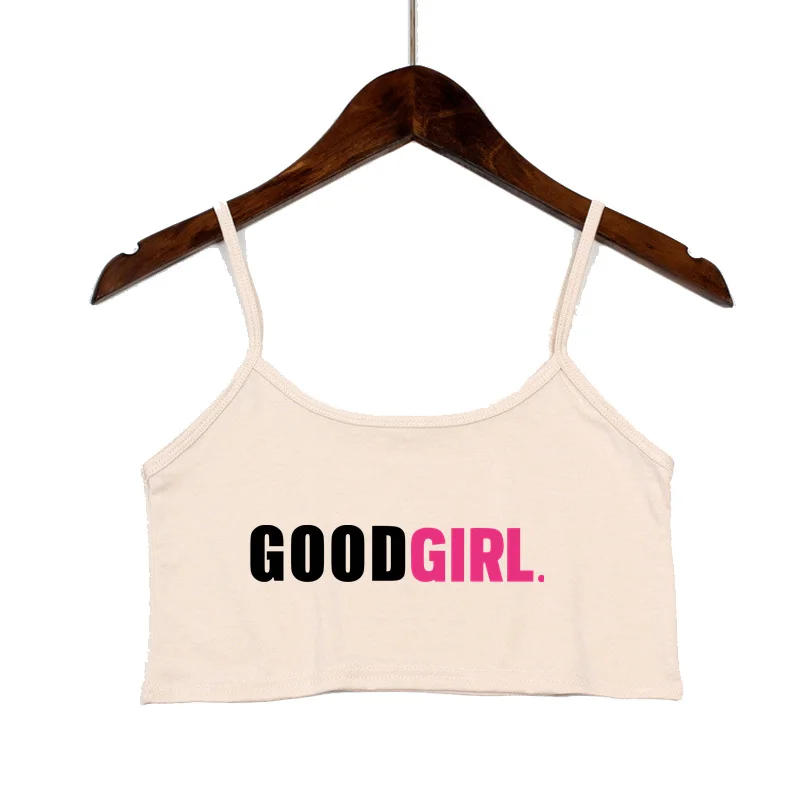 BUONA RAGAZZA Lettere rosa Stampa Top corto da donna estivo Camis sexy in cotone elastico senza maniche Canotta corta Bar Top da donna