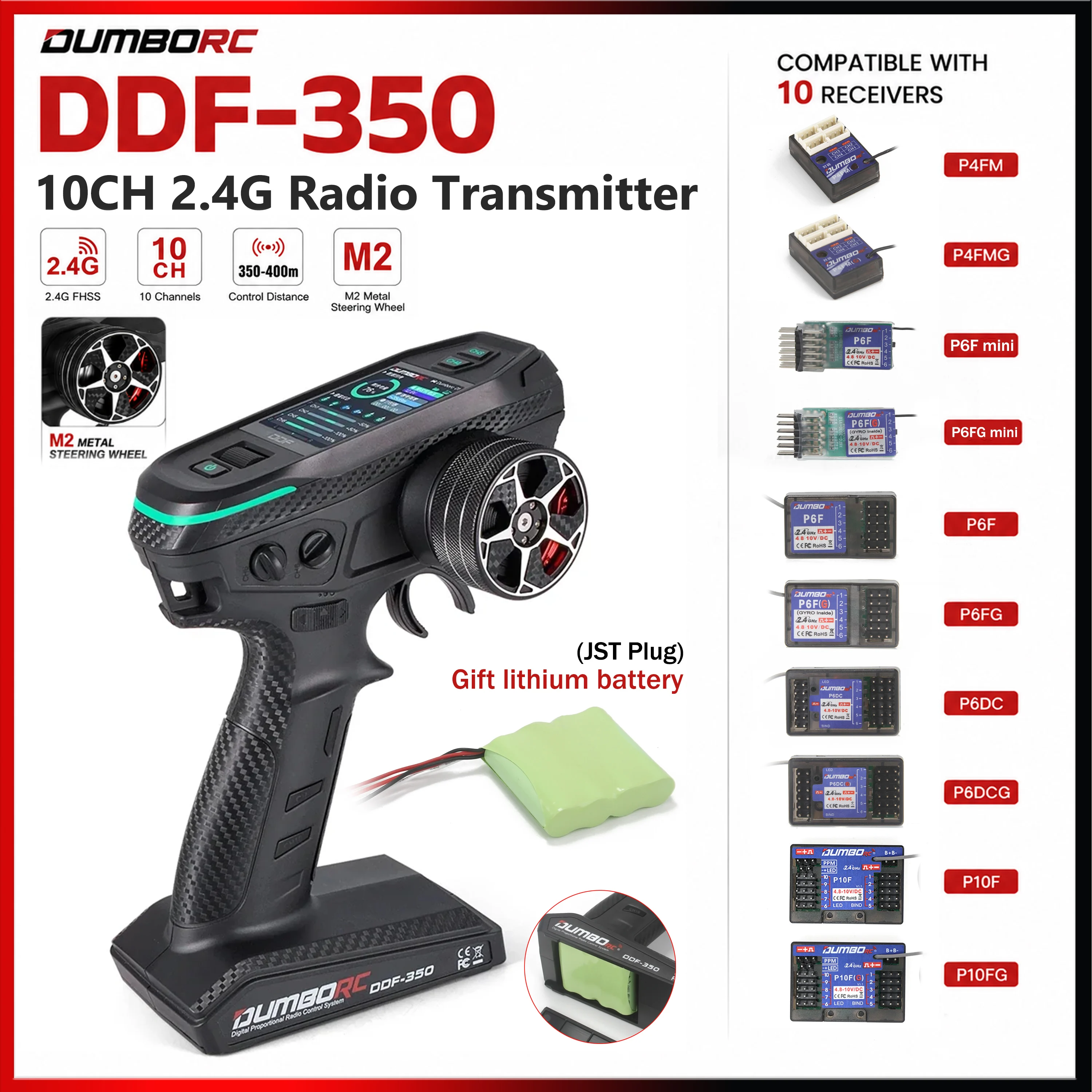 DUMBORC DDF-350 10 Channels Transmitter M2 Metal Handwheel with Gyro Receiver P4FMG P6FG P6DCG P10FG for RC Car Boat Robot Model