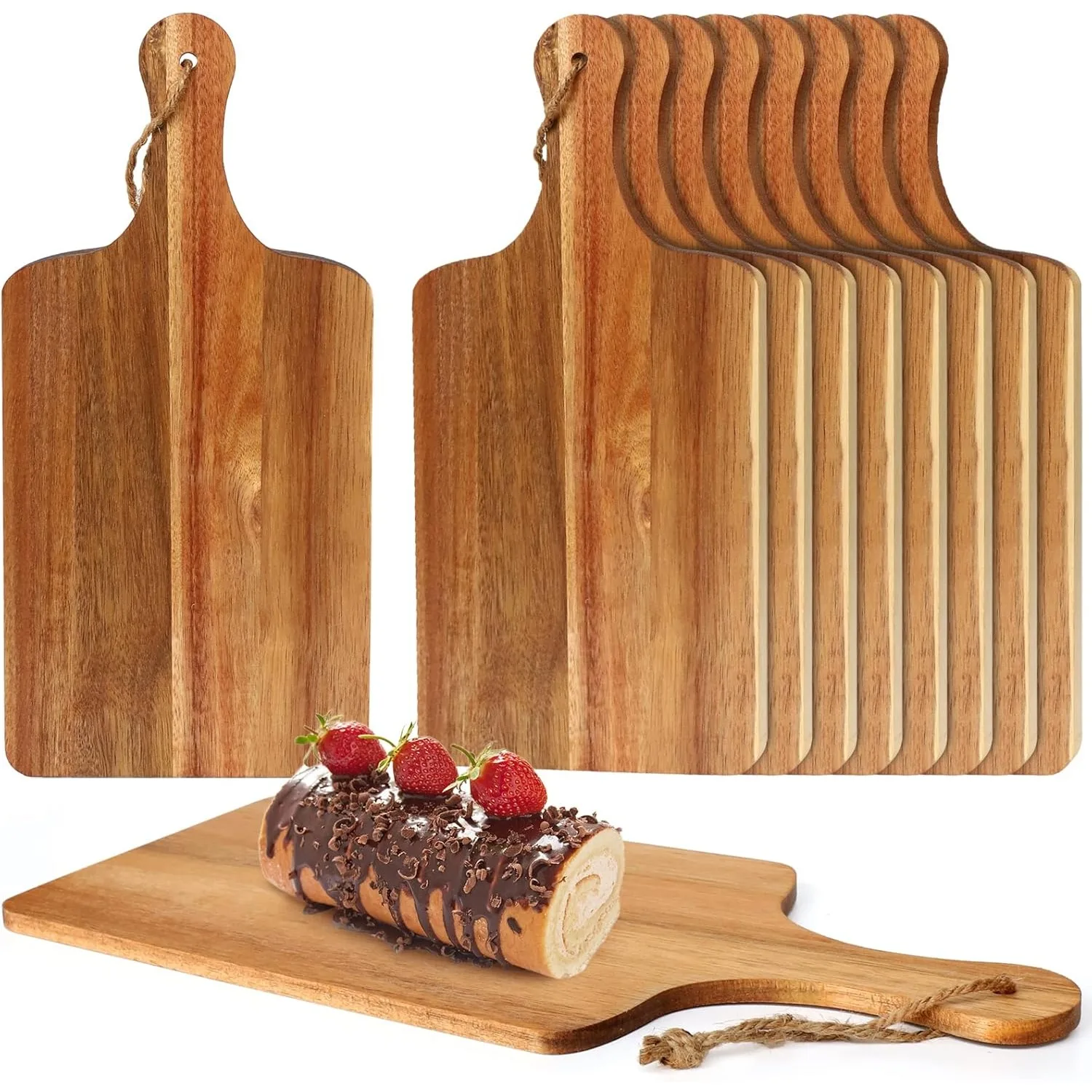 

10 Packs Acacia Wood Cutting Board, 15 x 7 Wooden Kitchen Cutting Board Bulk with Ropes for Vegetables Meat ﻿
