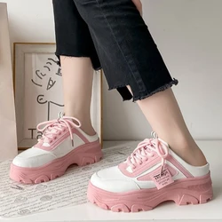 Women's Half Slippers PU Leather Womens Sneakers Breathable Platform Loafers Lace-up Shoes Outdoor Casual Shoes