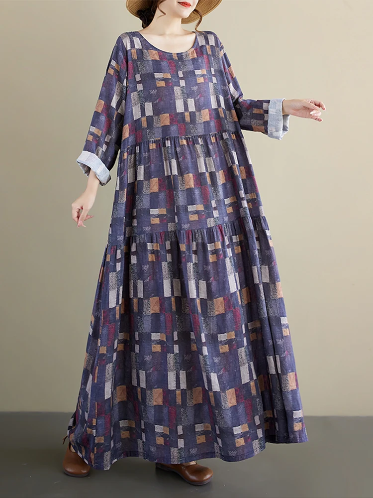 เดรสยาวแขนยาวพิมพ์ลายดอกไม้สไตล์วินเทจสำหรับผู้หญิง เดรสลำลองหลวมๆ สวยหรู เสื้อผ้าแฟชั่นสำหรับฤดูใบไม้ผลิและฤดูใบไม้ร่วง 2025