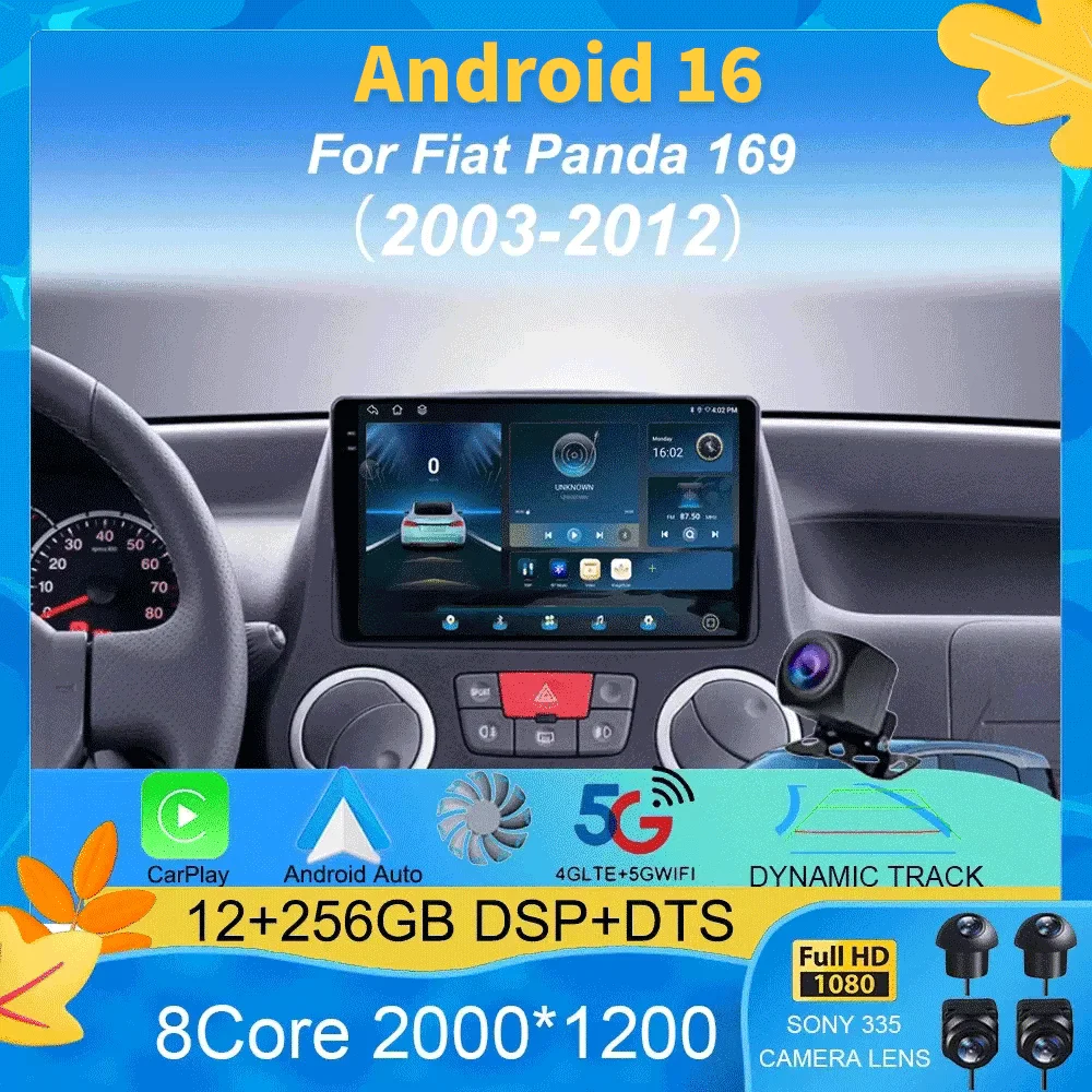 Car Radio Android 16 For Fiat Panda 169 2003 2004 2005- 2012 Carplay Auto GPS Navigation 360 Camera Stereo 2 Din Video Player BT
