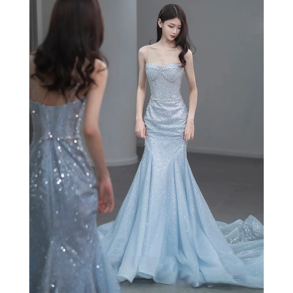 Sky Blue Celebrity Dress Sequins Spaghetti Strap Woman Mermaid Chapel Train Beading Wedding Beach Party Evening Gowns For Bride