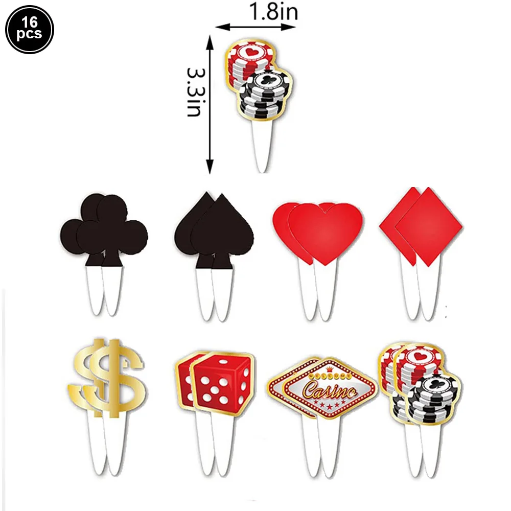 16pcs/lot Poker Theme Cupcake Toppers Las Vegas Theme Cupcake Toppers Decorations Casino Poker Night Birthday Decorations Adult