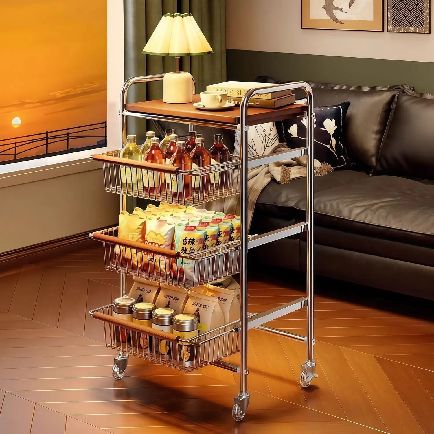 Vintage Rolling Cart Mobile Snack Storage Rack with Wheels Multi-tier Home Bedroom Storage Cabinet for Living Room  shelves