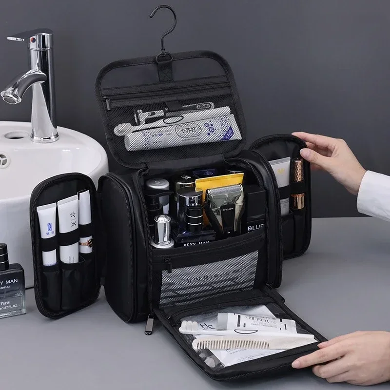 Portable Hanging Makeup Bag for Men Travel Cosmetic bag Large Toiletry Pouch Zipper Skincare Storage Handbag
