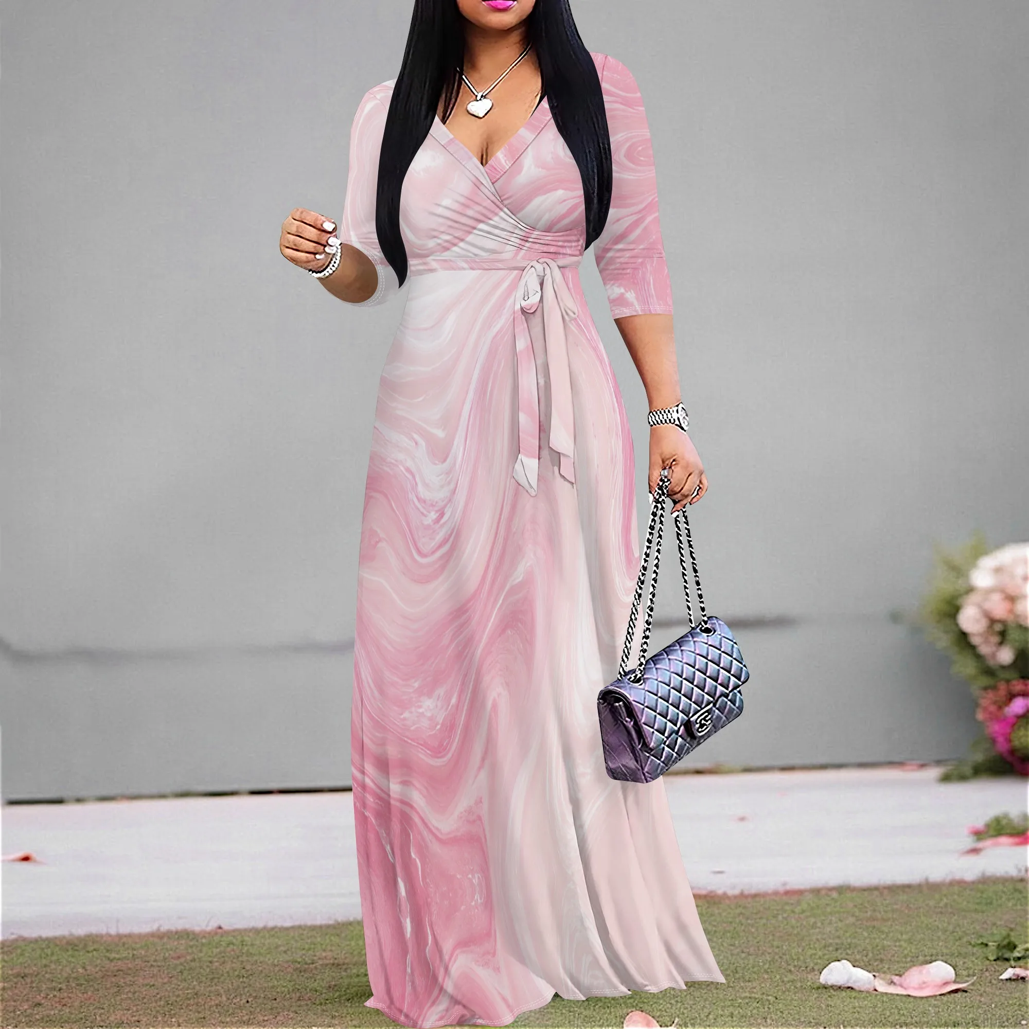 

Women Plus Size Abstract Marble Print Maxi Dress V-Neck Half Sleeve Elegant Event Wear