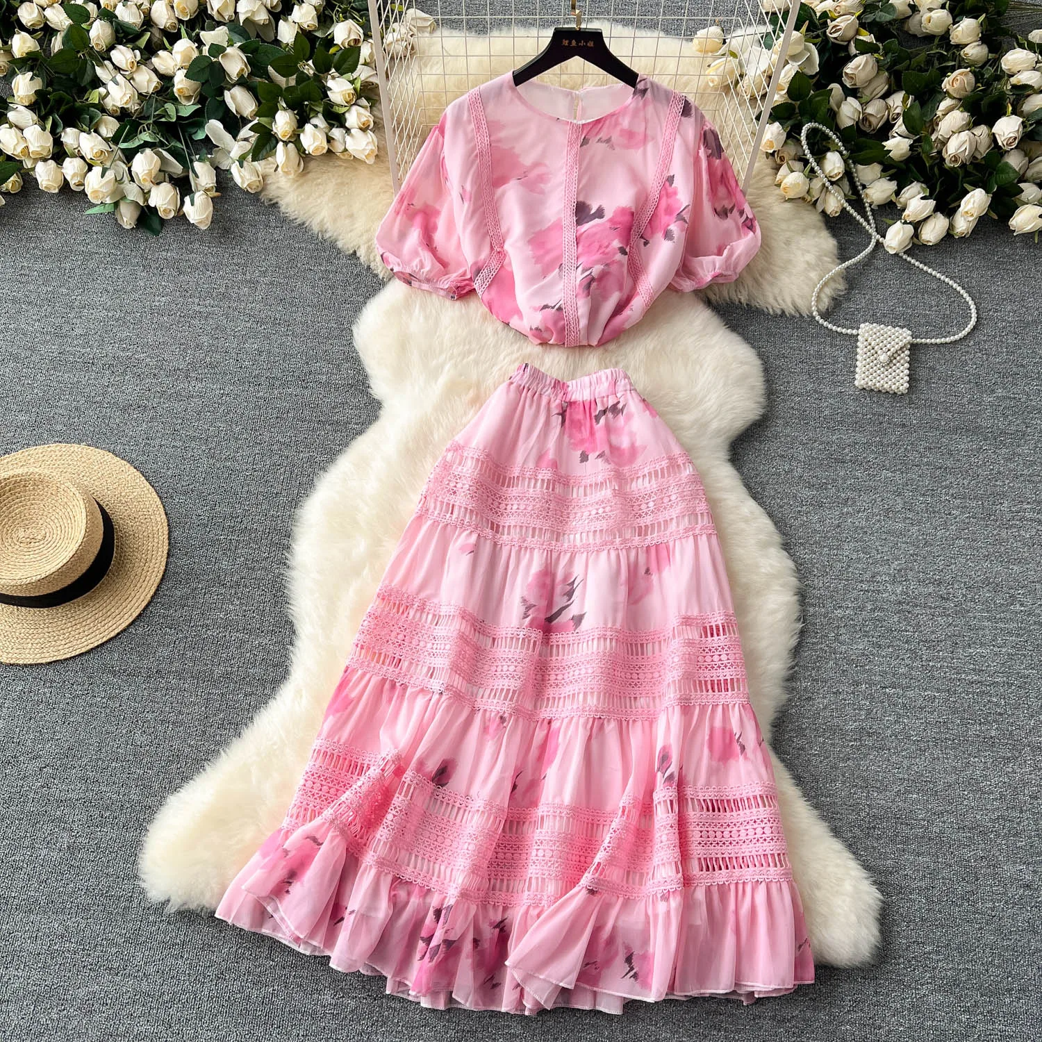 Women Chic Retro chiffon Two Pieces Sets puffsleeve top Elegant High Waitst A-line Beach lace Skirt Fashion sweet Summer Sets