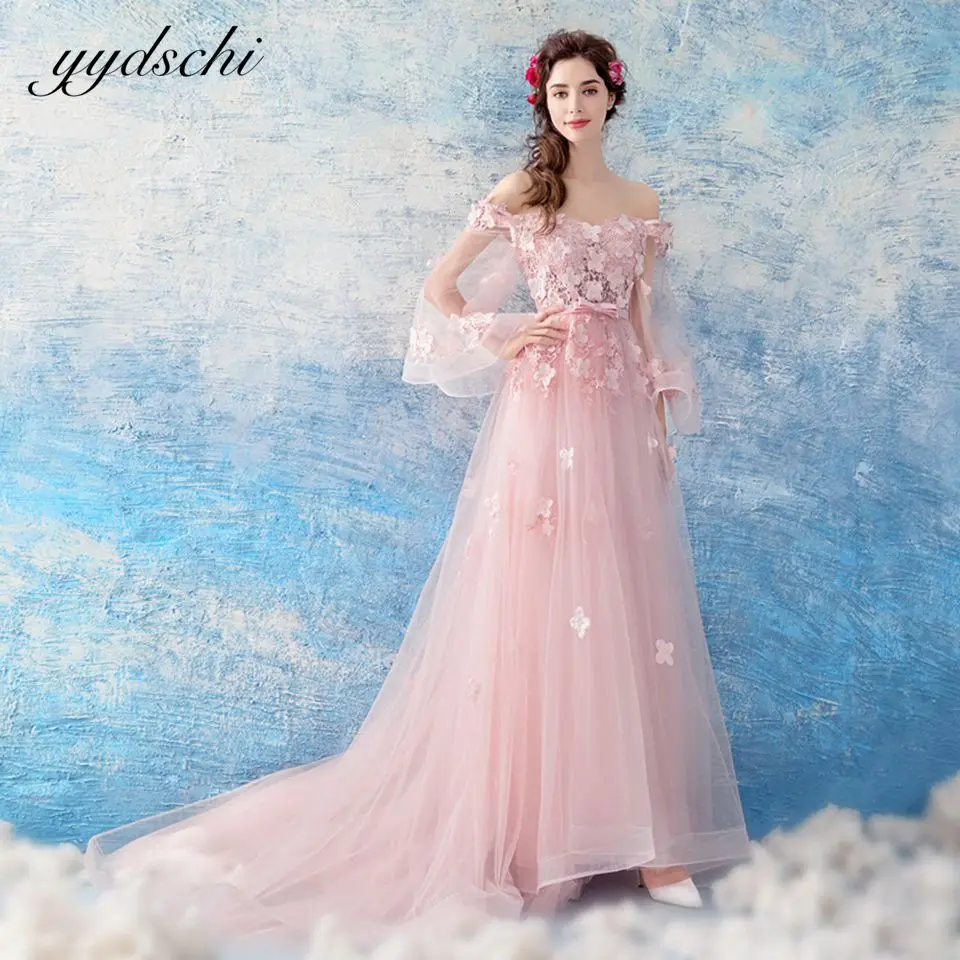 

2022 Elegant Pink Prom Dress Off The Shoulder Long Sleeves Appliques Ball Gown For Women Party Princess Beading Evening Dress