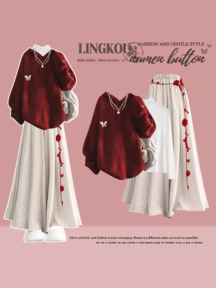 

Ele plus Size Autumn Winter Set Women's Lazy Sle Red Anti-Aging Sweatirt Inner Wear Meat Concealing Slimming Casual P...