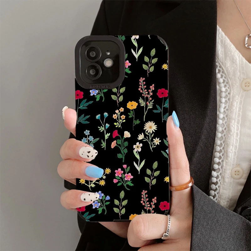 Spring Botanicals Black Phone Cases for IPhone 11 Case 14 Pro Max 15 Pro Max IPhone Case for IPhone 13