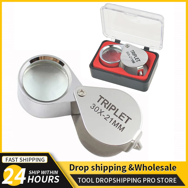 

30X Metal Jewelry Magnifying Glass Jewelers Eye Tool Jewellery Folding Loupe Glass Lens Magnifying Triplet Glass Jewelry Diamond