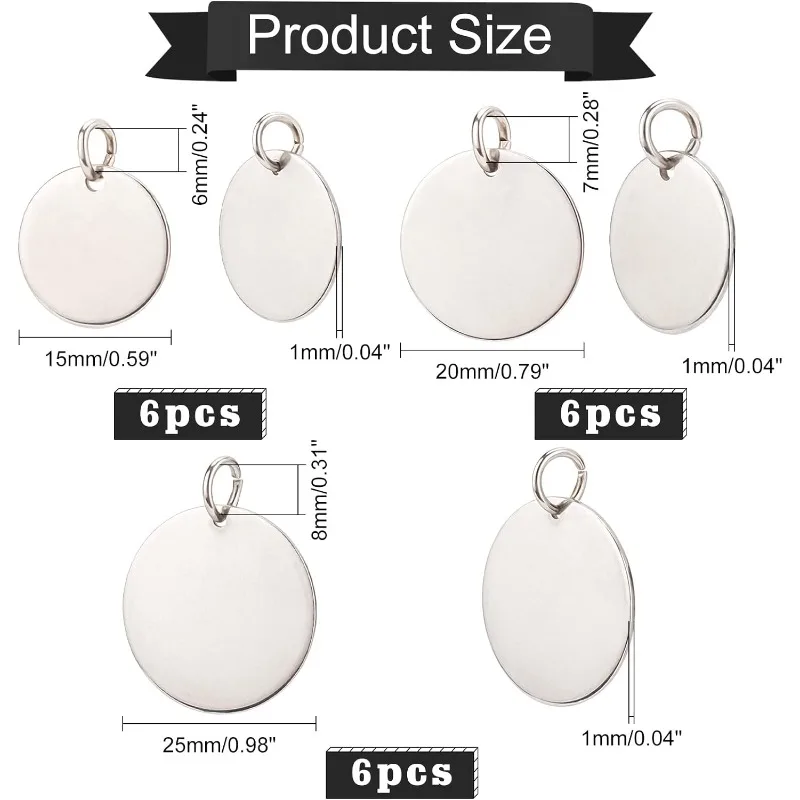 18 Pcs Stainless Steel Stamping Blank Tag Pendants 15/20/25mm Metal Message Word Tag Charms Flat Round Blank Charms