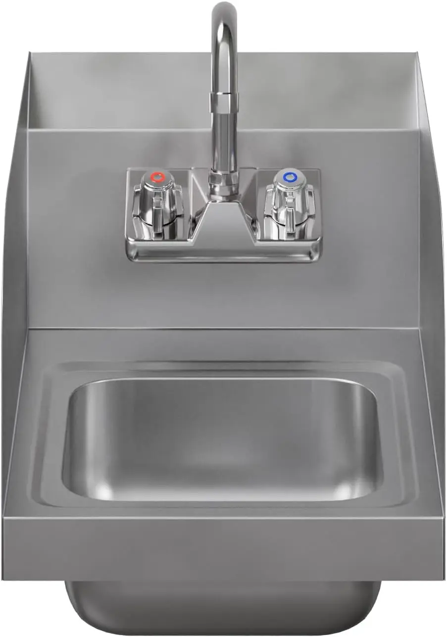 Faucet and Sidesplash 12" x 16" | NSF Commercial Hand Washing Basin For Restaurant, Kitchen and Home | Bowl Size: 9" x 9"