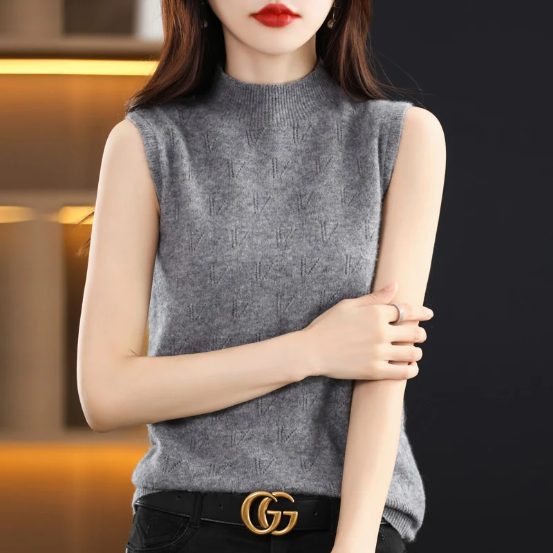 First-line ready-to-wear sleeveless semi-turtleneck vest female high-end knitted hollow top thin loose slim wool sling