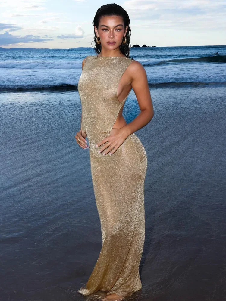 انظر من خلال فستان ماكسي مثير عارية الذراعين للنساء صيف جديد شفاف بلا أكمام الظهر سبليت مثير فستان طويل بحر