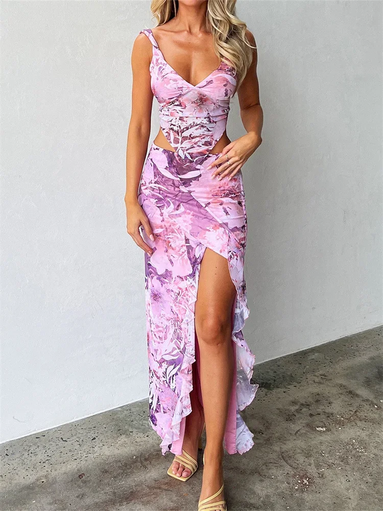 2024 Fashion Women Sexy 2 Piece Long Skirt Sets Lace V-neck Backless Camis Tops High Split Skirts Summer Outfits Y2K Clubwear