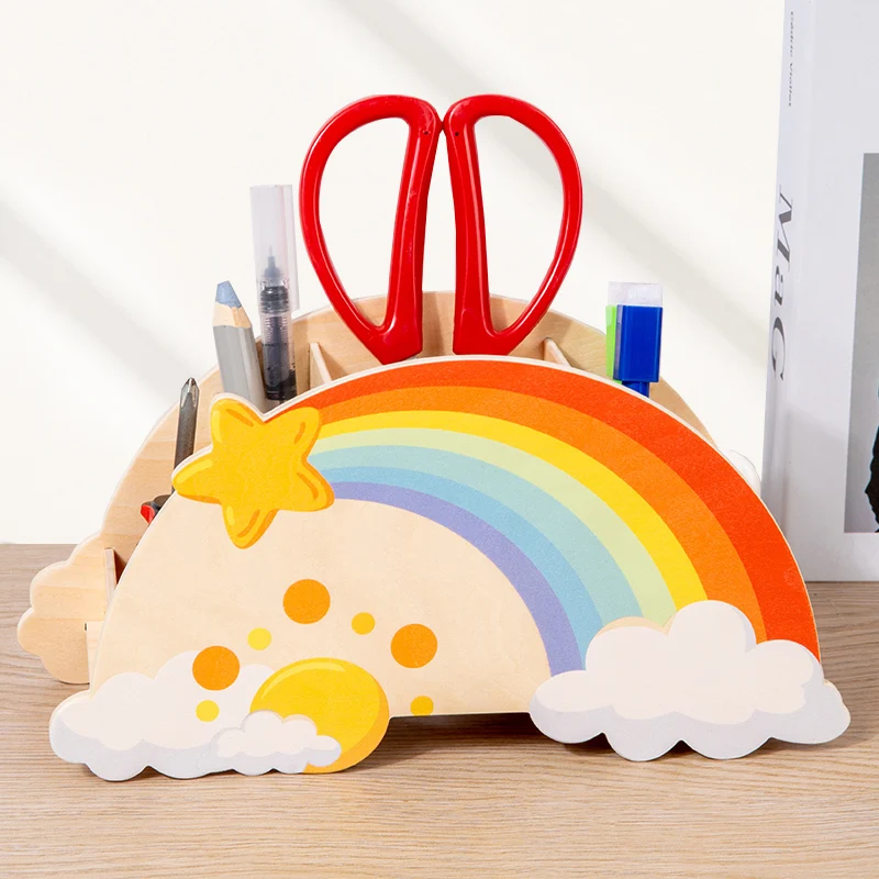 Lovely Wooden Rainbow Pen Container Multi-Compartment Pencil Case Desktop Stationery Organizer For School Office Gifts for Kids