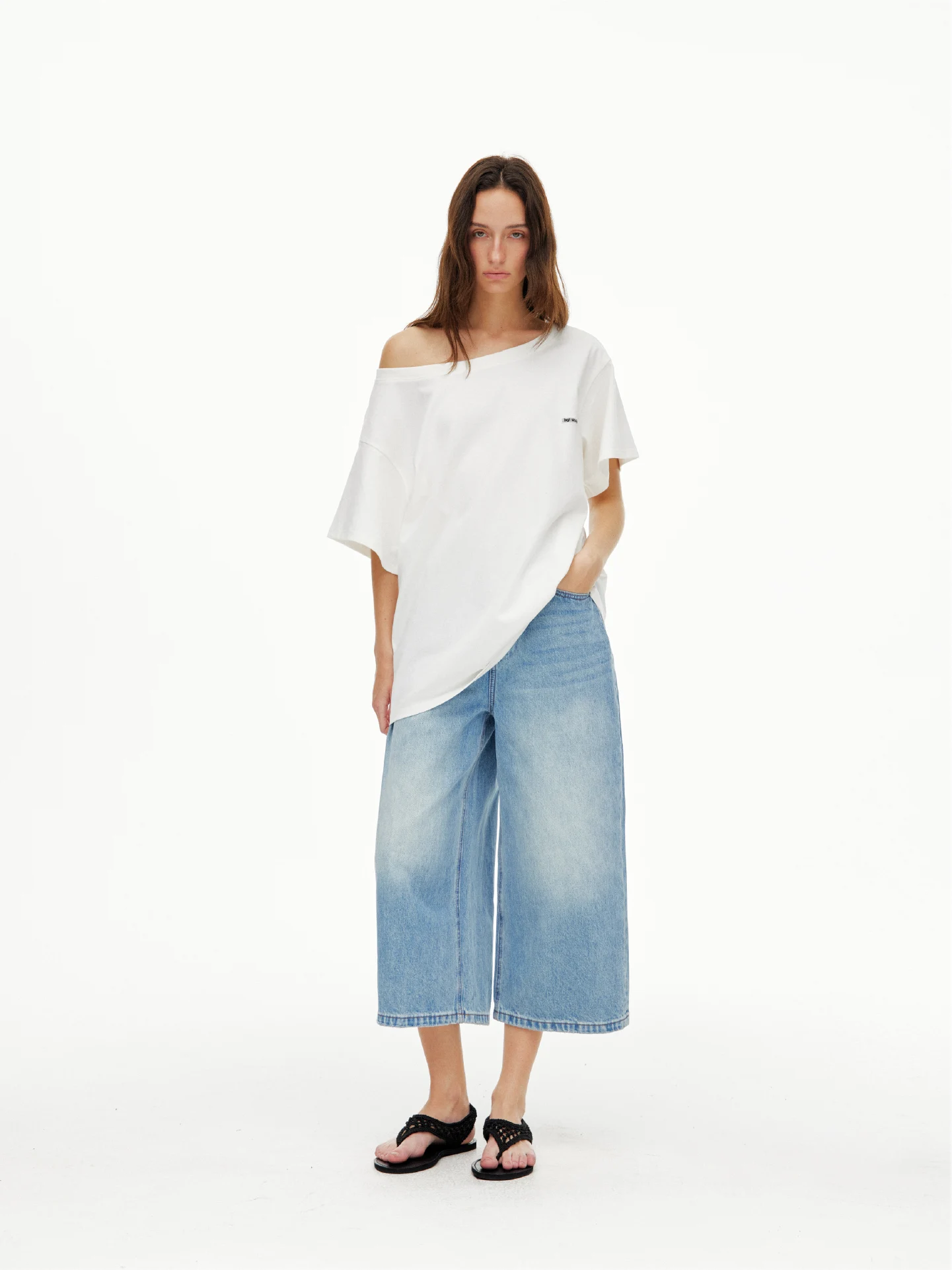 Indigo Wide Leg Crop Denim Jeans Women Loose Straight Casual Trousers BGT Studio Natural Waist Cotton Summer Non-stretch