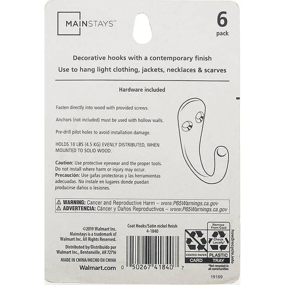 Kleiderhaken aus satiniertem Nickel-Metall, 6er-Pack, robuste, an der Wand montierte Aufbewahrung von Handtüchern, Jacken, Taschen, Schlüsseln, einfache Installation