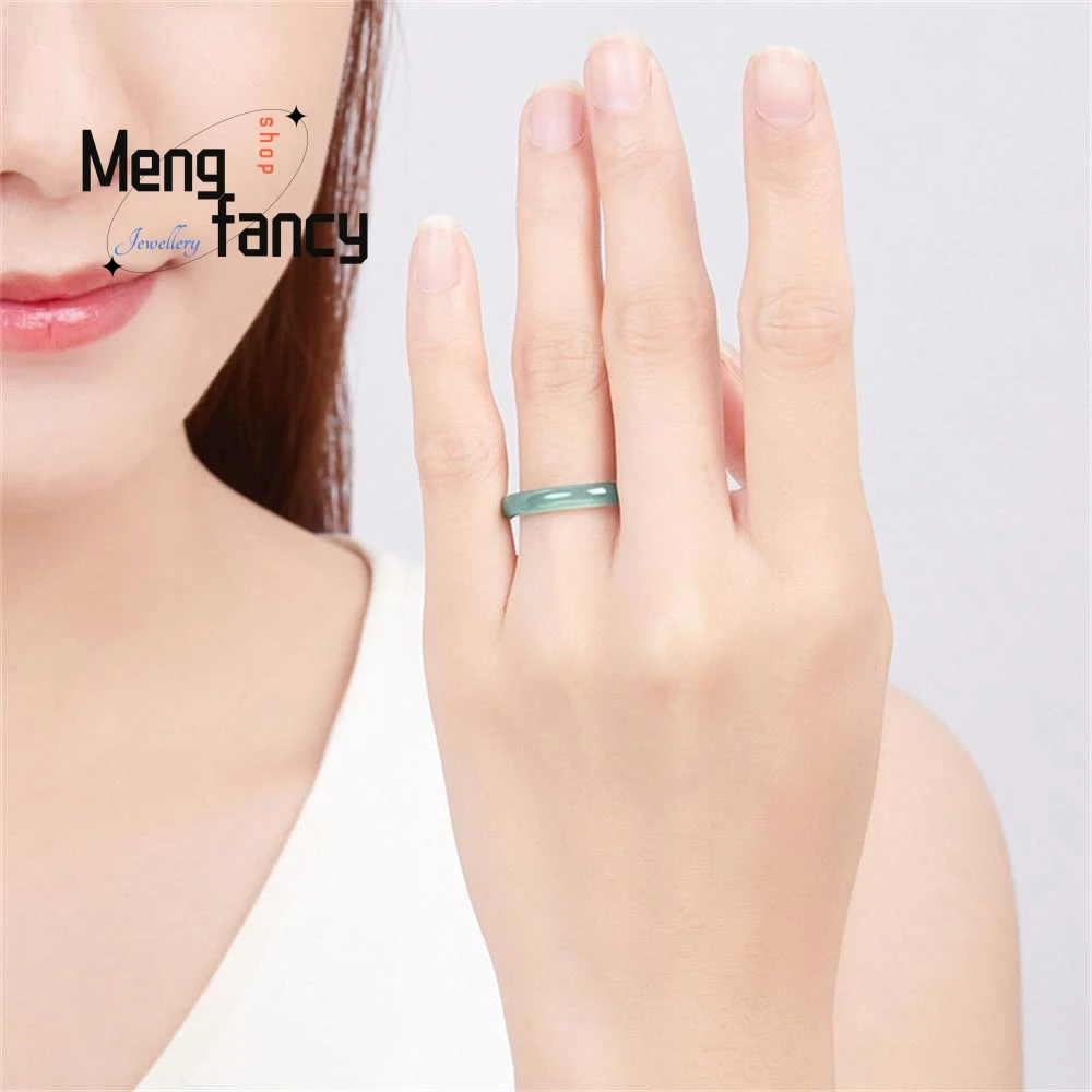 Natural Old Pit A Jadeite Blue Water Ice Jade Couple Promise Ring Exquisite Luxury Fashion Jewelry Wedding Souvenir Holiday Gift