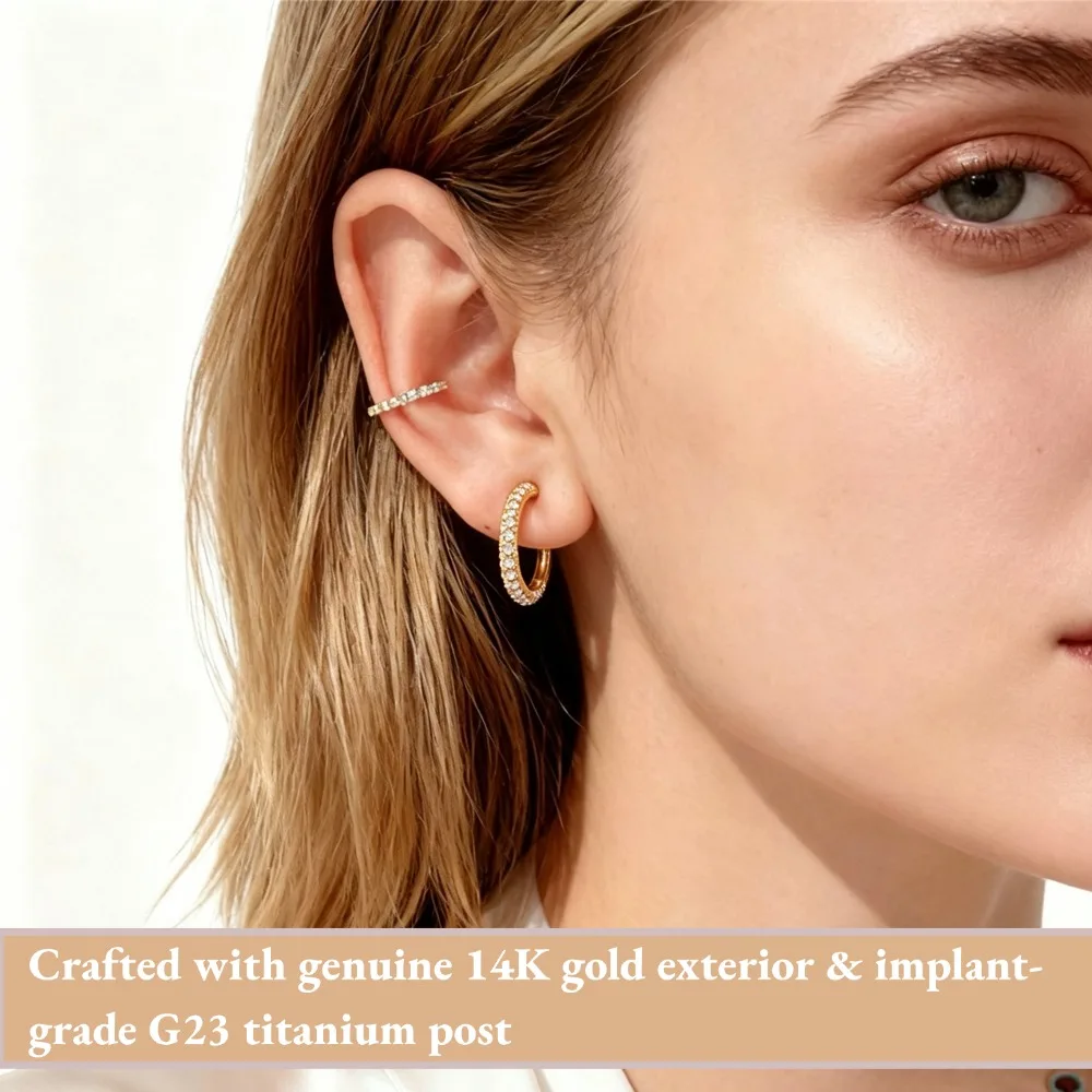 DIeSchein 14K Solid Gold Hoop Piercing Earring  G23 Titanium Post Flat Back Stud Earrings Cartilage Helix Tragus Lobe Ear Studs