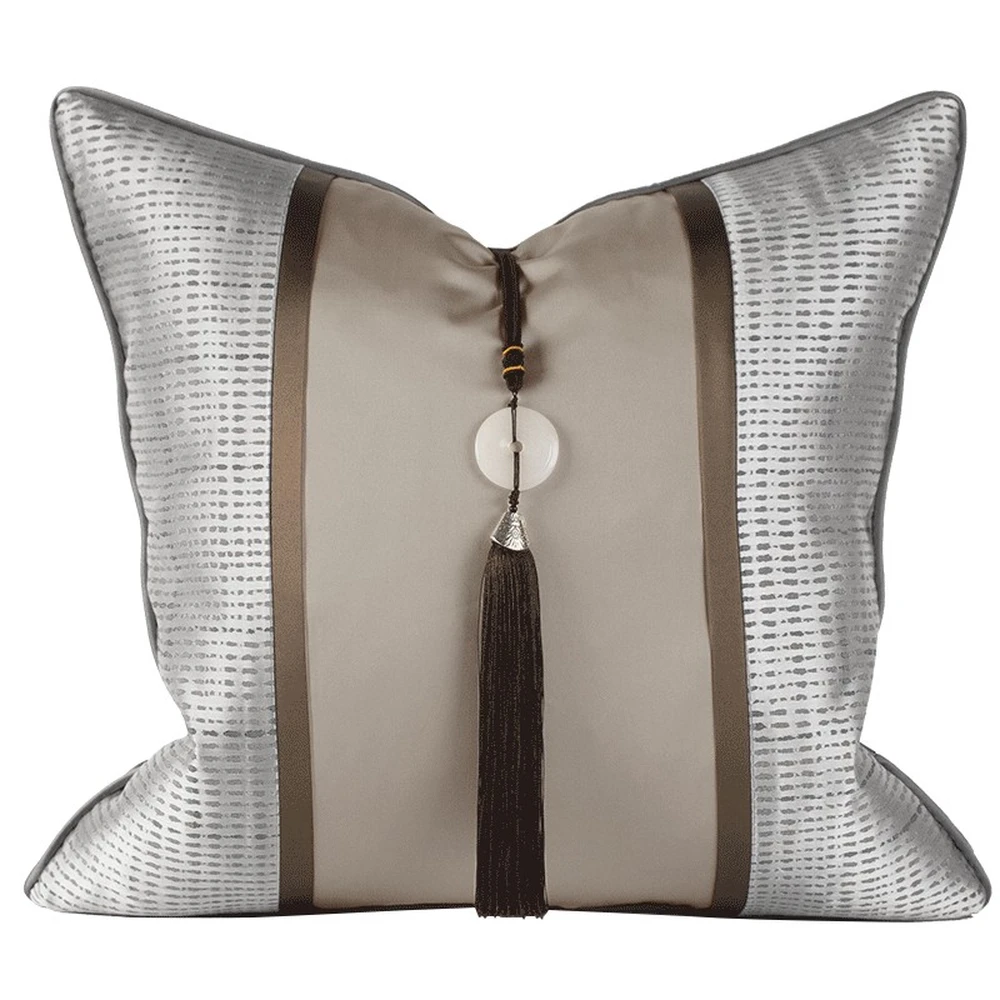 Silver Grey and Beige with Champagne Luxury Jade Pendant Pillow Case Cover 45x45 50x50 Cushion Covers with Tassel