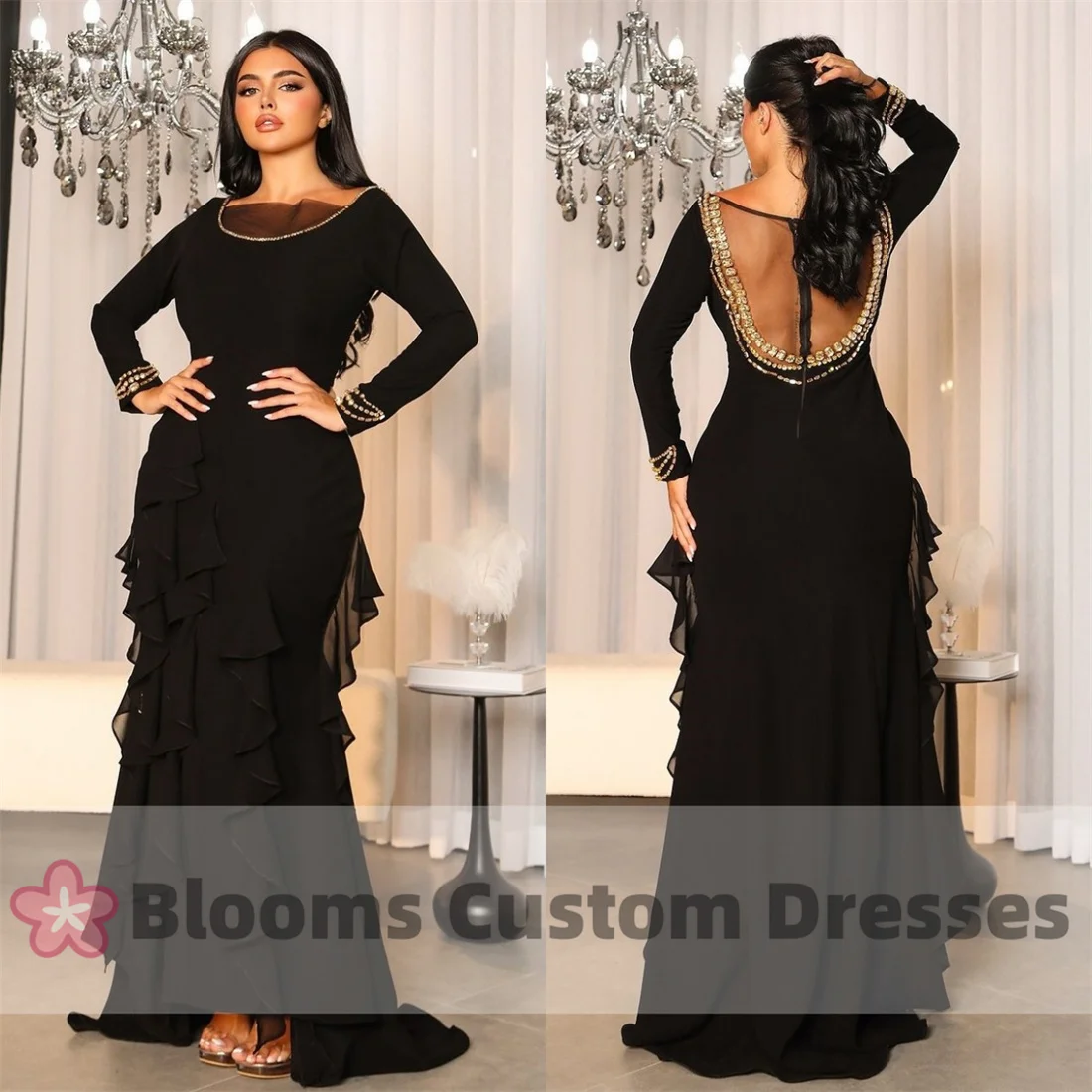 

Blooms Black Ruffles Long Sleeves Prom Dress Backless Crystal Party Evening Dress Saudi Arabia Gorgeous Mermaid Formal Gown