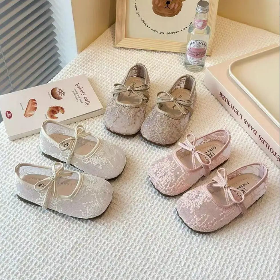 Floral Embroidery Lace Ballet Flats Baby Girls 2026 Summer Mary Jane Breathable Mesh Fashion Slip On Ballerinas Kids Dress Shoes