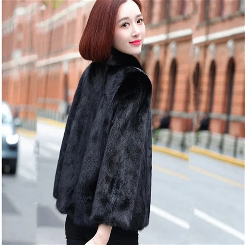 New Imitation Mink Fur Coat Women\'s Slim Stand Collar Short Black Fur Jacket Autumn Winter Loose Ladies Soft Faux Plush Overcoat