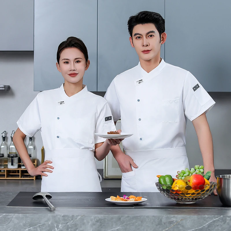 Uniforme de Chef noir, tablier de Restaurant, manches courtes, Short de Chef, veste de cuisine, manteau de Chef respirant, vêtements de travail d'été pour hommes, Logo